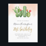Trendy Blush Waterverf & Cactus 21st Birthday Uitnodiging Briefkaart<br><div class="desc">Viel je 21ste verjaardagsfeestje met deze leuke zomeruitnodigingen. Ideaal voor Mexicaanse of woestijngevieringen. Met waterverf cactus aan de bovenkant met een stompe roze achtergrond. "21st Birthday " wordt getoond in een faux goudfolie kalligrafie. Pas eenvoudig aan met uw partijdetails in een trendy typografie.</div>