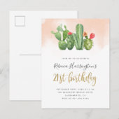Trendy Blush Waterverf & Cactus 21st Birthday Uitnodiging Briefkaart (Voorkant / Achterkant)