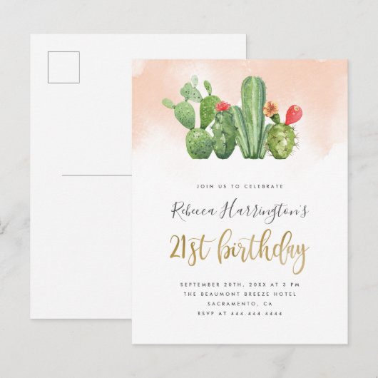 Trendy Blush Waterverf & Cactus 21st Birthday Uitnodiging Briefkaart (Voorkant / Achterkant)