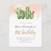 Trendy Blush Waterverf & Cactus 21st Birthday Uitnodiging Briefkaart (Voorkant)