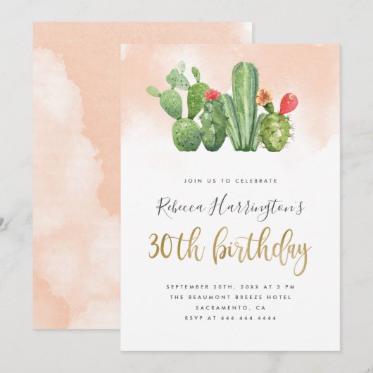 Trendy Blush Waterverf & Cactus 30ste verjaardag Kaart (Voorkant / Achterkant)