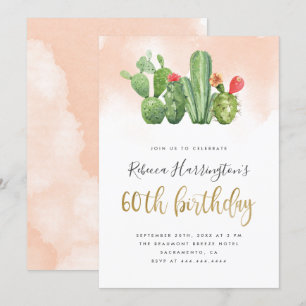 Trendy Blush Waterverf & Cactus 60th Birthday Kaart