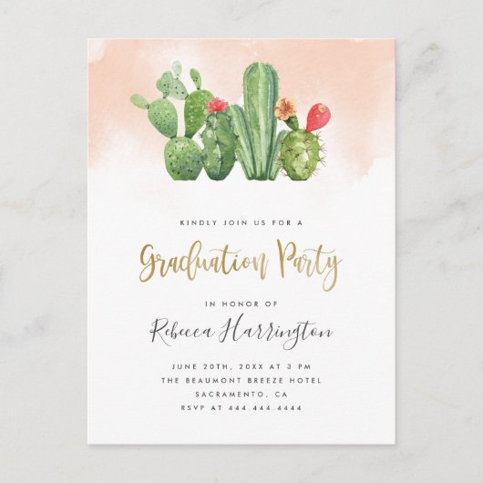 Trendy Blush Waterverf & Cactus Graduation Party Uitnodiging Briefkaart (Voorkant)
