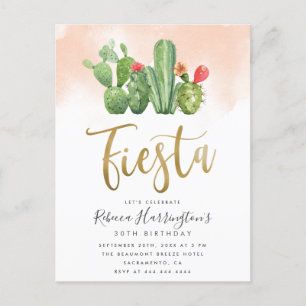 Trendy Blush Waterverf en Cactus Fiesta Birthday Uitnodiging Briefkaart