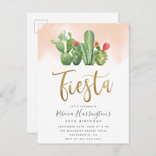 Trendy Blush Waterverf en Cactus Fiesta Birthday Uitnodiging Briefkaart (Voorkant / Achterkant)