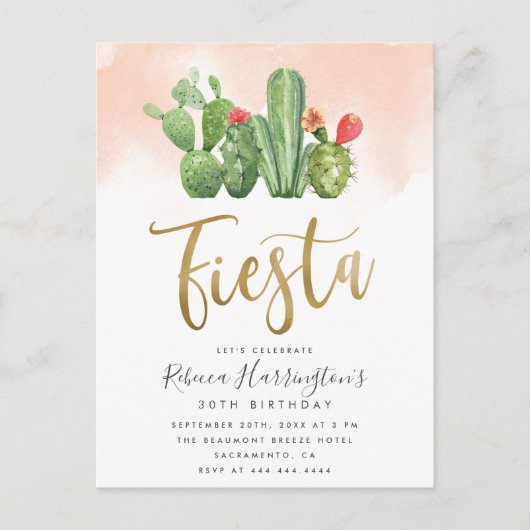 Trendy Blush Waterverf en Cactus Fiesta Birthday Uitnodiging Briefkaart (Voorkant)