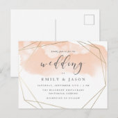 Trendy Blush Waterverf Gold Geometric Wedding Uitnodiging Briefkaart (Voorkant / Achterkant)