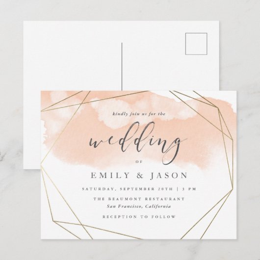 Trendy Blush Waterverf Gold Geometric Wedding Uitnodiging Briefkaart (Voorkant / Achterkant)