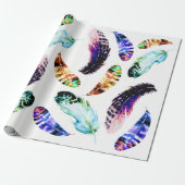 Trendy Bohemian Colorful Waterverf Feathers Cadeaupapier (Uitgerold)
