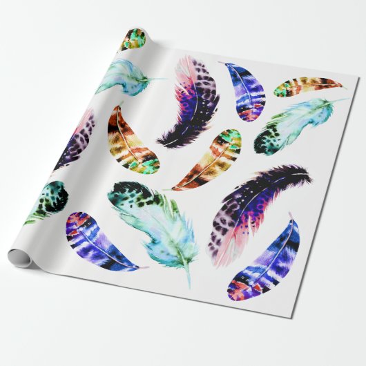 Trendy Bohemian Colorful Waterverf Feathers Cadeaupapier (Uitgerold)