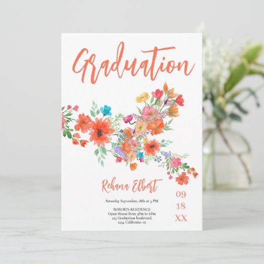 Trendy Boho Afstudeerfoto kaart – Oranje Bloemen (Staand voorkant)