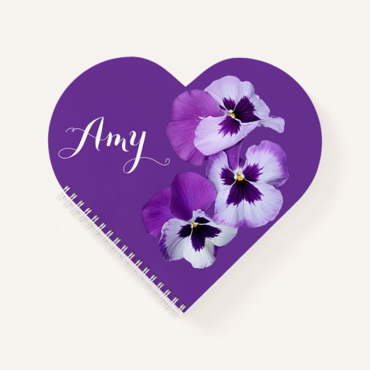 Trendy boho Amy naam paarse pansy bloemenhart Notitieboek (Voorkant)