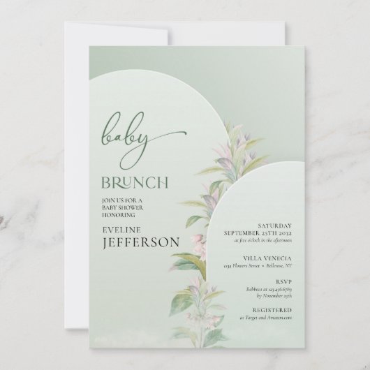 Trendy boho arch greenery blush floral baby brunch kaart (Voorkant)
