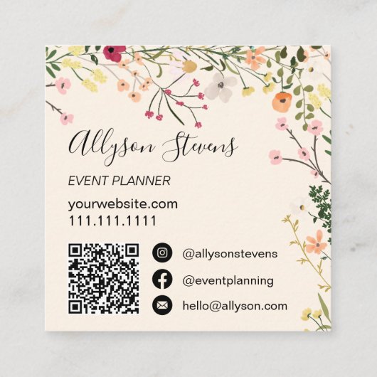 Trendy Boho bloemenevent planner logo qr code Vierkante Visitekaartje (Achterkant)