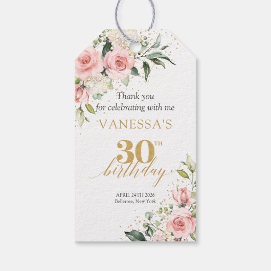 Trendy boho blush bloemengoud salie 30e verjaardag cadeaulabel (Achterkant)