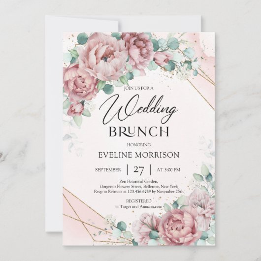 Trendy boho blush rozen eucalyptusbrunch kaart (Voorkant)