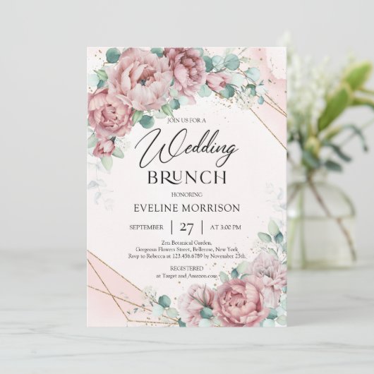 Trendy boho blush rozen eucalyptusbrunch kaart (Staand voorkant)
