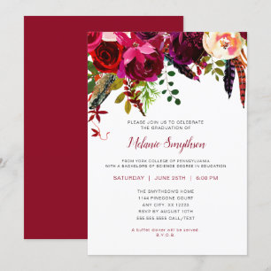 Trendy Boho Burgundy floral graduparty Kaart