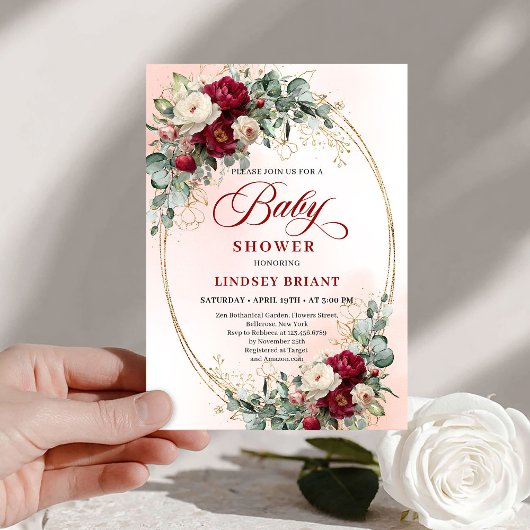 Trendy Boho Burgundy Peony Baby Shower Invitation Kaart