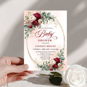 Trendy Boho Burgundy Pioen Baby Shower Uitnodiging