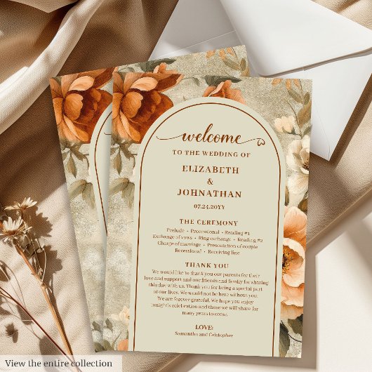 Trendy Boho Burnt Orange Ivory Sage Floral Wedding Programmakaart