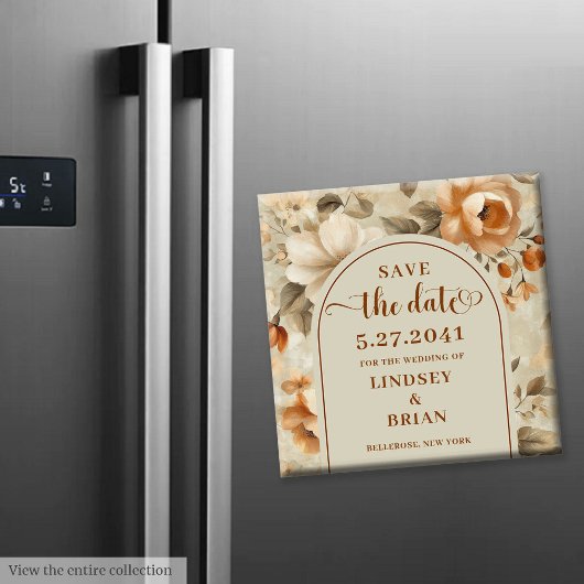 Trendy Boho Copper Ivory Olive Floral Save Date Magneet