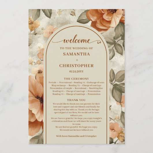 Trendy Boho Copper Ivory Olive Sage Floral Wedding Programmakaart (Voorkant)