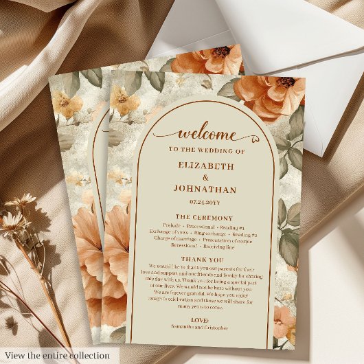 Trendy Boho Copper Ivory Olive Sage Floral Wedding Programmakaart