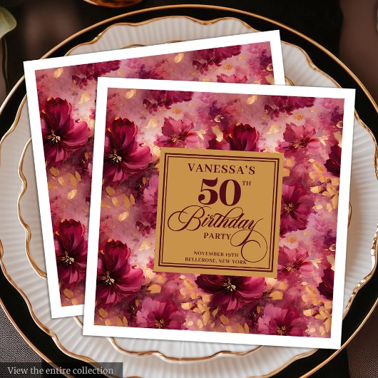 Trendy Boho Dark Red Blush Gold 50th Birthday  Servet