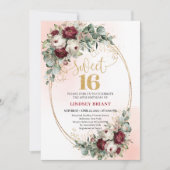 Trendy Boho Deep Red Floral Gold Sweet 16 Birthday Kaart (Voorkant)