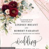 Trendy Boho Donker Rood Goud Blush Bloemen Wedding Kaart