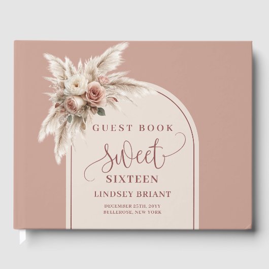 Trendy Boho Dusty Pink Pampas Floral Arch Sixteen Gastenboek (Voorkant)