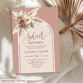 Trendy Boho Dusty Pink Pampas Floral Arch Sixteen Kaart