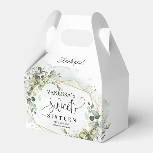 Trendy boho eucalyptus groen goud 16e verjaardag bedankdoosjes (Voorkant Zijde)