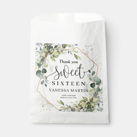 Trendy boho eucalyptus groen goud zoete zestien bedankzakje (Voorkant)