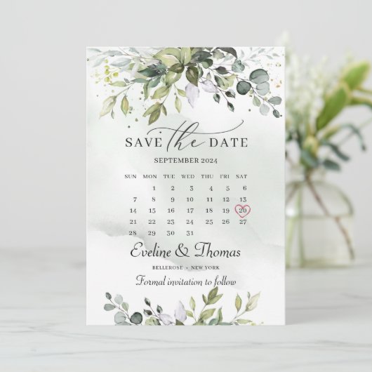Trendy boho greenery foliage eucalyptusbladeren save the date (Staand voorkant)