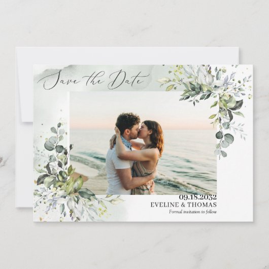 Trendy boho greenery foliage eucalyptusbladeren save the date (Voorkant)