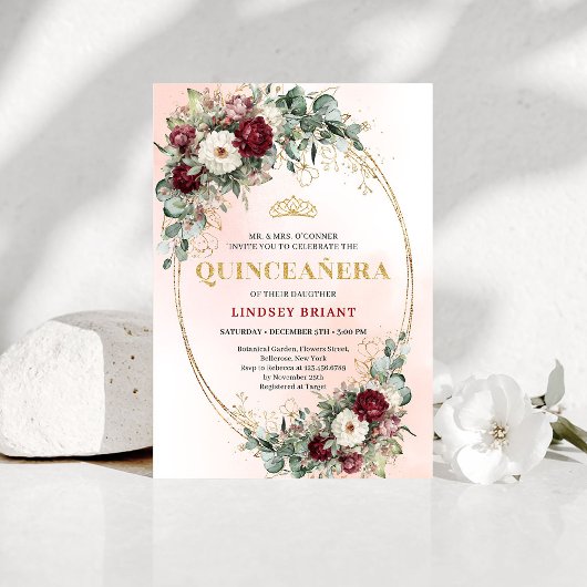 Trendy Boho Maroon Floral Eucalyptus Quince Invite Kaart