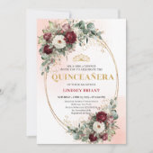Trendy Boho Maroon Floral Eucalyptus Quince Invite Kaart (Voorkant)