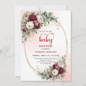 Trendy Boho Maroon Floral Gold Accent Baby Shower Kaart (Voorkant)