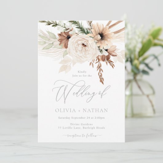 Trendy Boho Neutral Bloemen Trouwen Kaart (Staand voorkant)