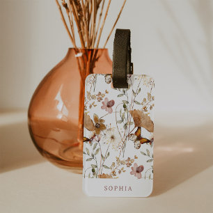 Trendy Boho Neutrale Herfst Wildbloemen op Wit Bagagelabel