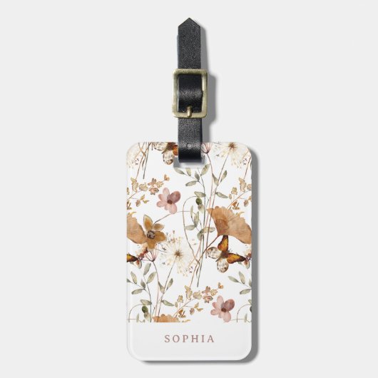 Trendy Boho Neutrale Herfst Wildbloemen op Wit Bagagelabel (Voorkant verticaal)