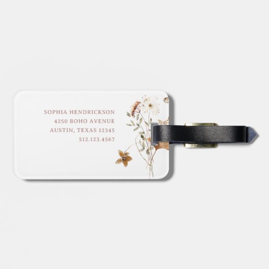 Trendy Boho Neutrale Herfst Wildbloemen op Wit Bagagelabel (Achterkant horizontaal)