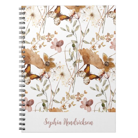 Trendy Boho Neutrale Herfst Wildbloemen op Wit Notitieboek (Voorkant)