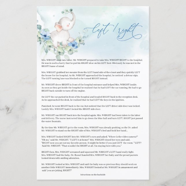 Trendy boho olifant blauw bloemenspel Links Rechts (Voorkant)