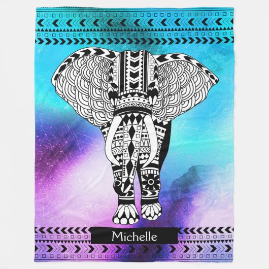 Trendy Boho Paarse Space Nebula Tribal Elephant Fleece Deken (Voorkant)