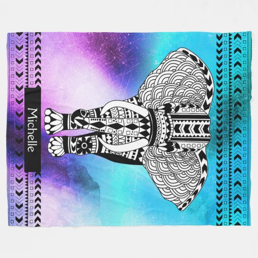 Trendy Boho Paarse Space Nebula Tribal Elephant Fleece Deken (Voorkant (Horizontaal))