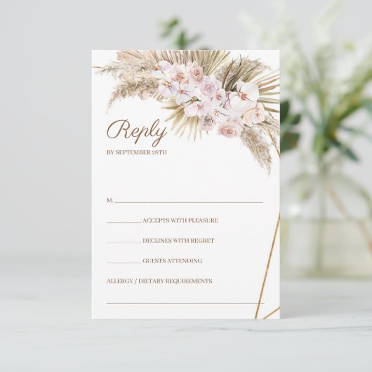 Trendy Boho Pampas Grass Dusty Roos Gedroogde Palm RSVP Kaartje (Staand voorkant)