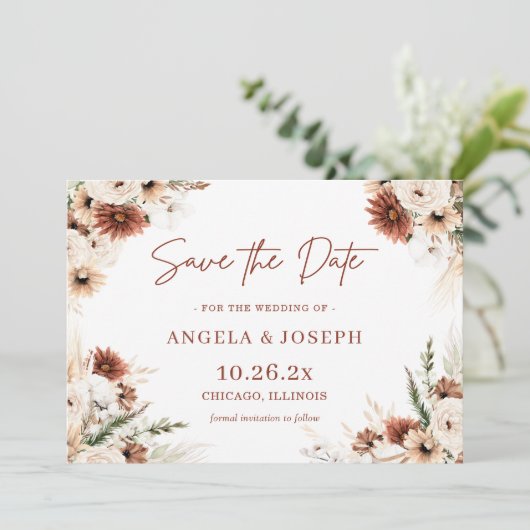 Trendy Boho Pampas Grass Floral Terracotta Save The Date (Staand voorkant)